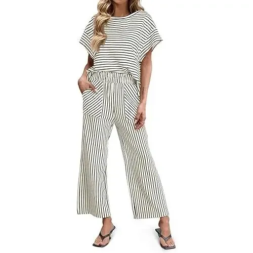 Women’s Striped Batwing Top & Wide Leg Pants 2-Piece Lounge Set with Pockets