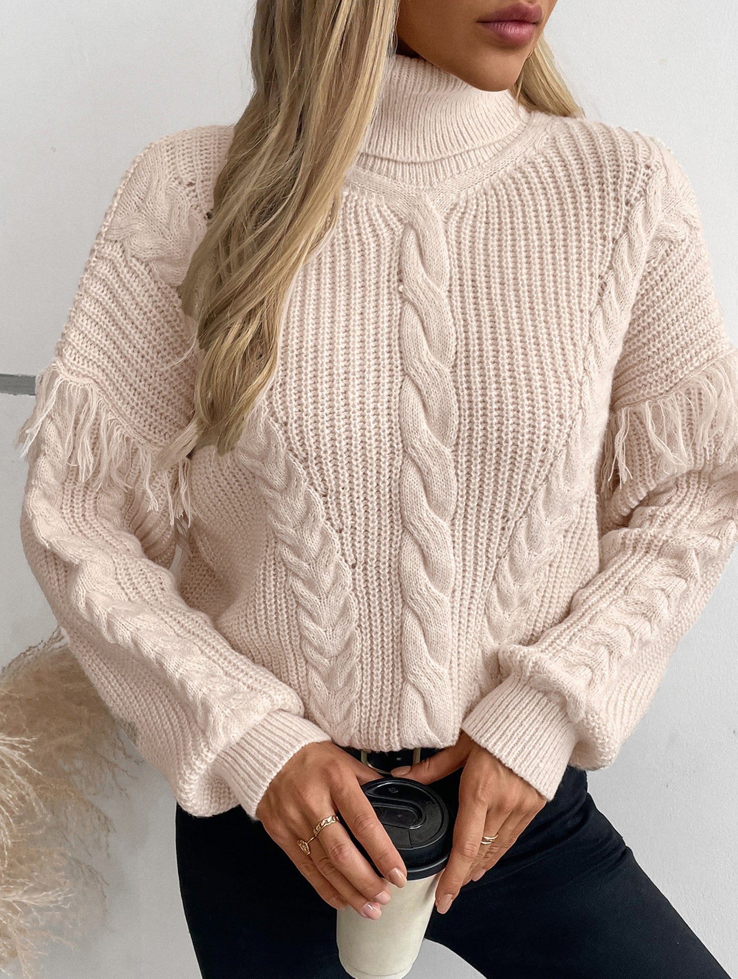 Fringe Cable Knit Collar Pullover Sweater