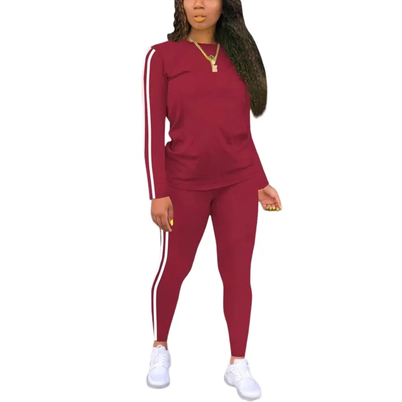 Women's Striped Print Long Sleeve Top & Pants Two-piece Set