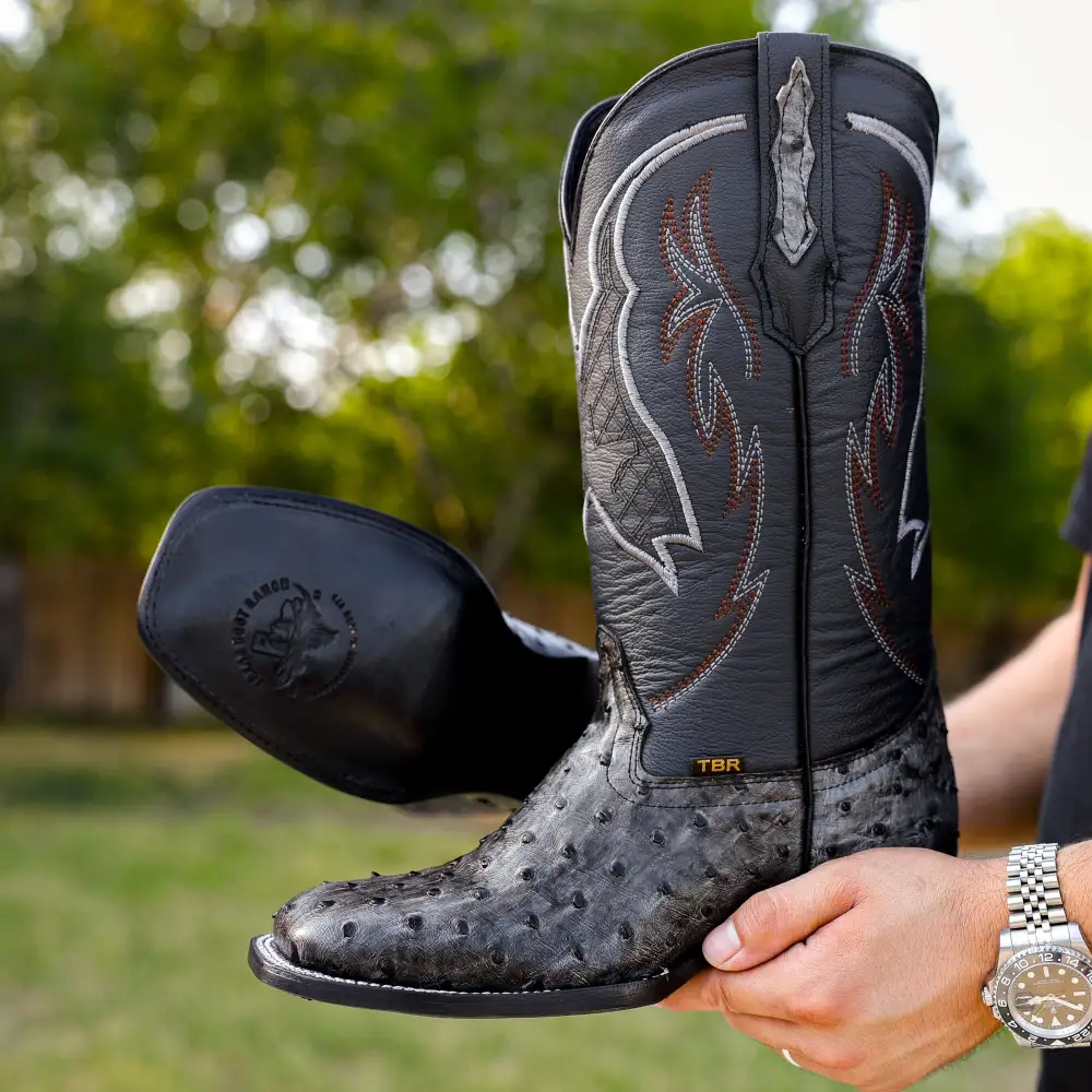Grey Ostrich Leather Boots - Square Toe