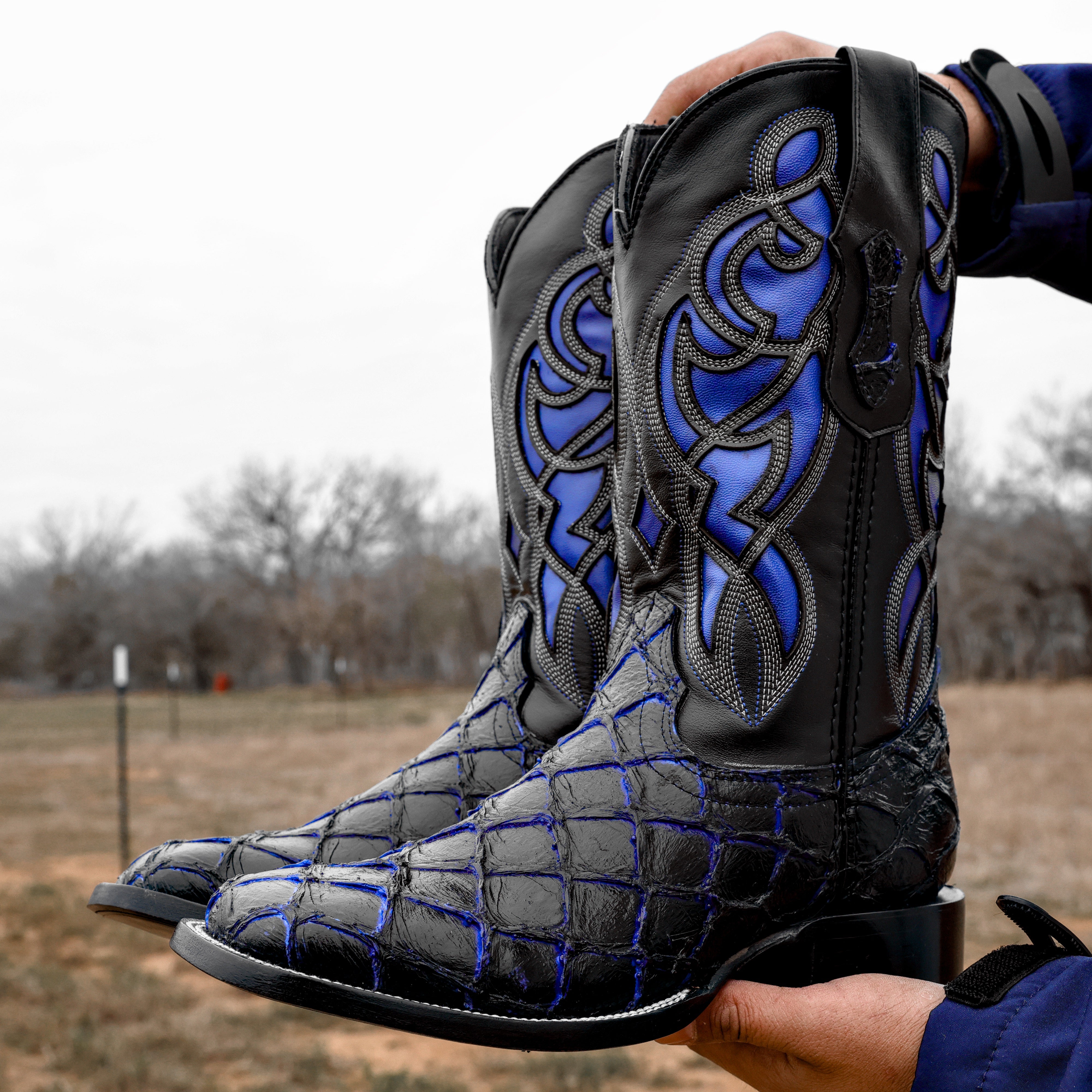 Black/Blue Pirarucu Leather Boots - Square Toe