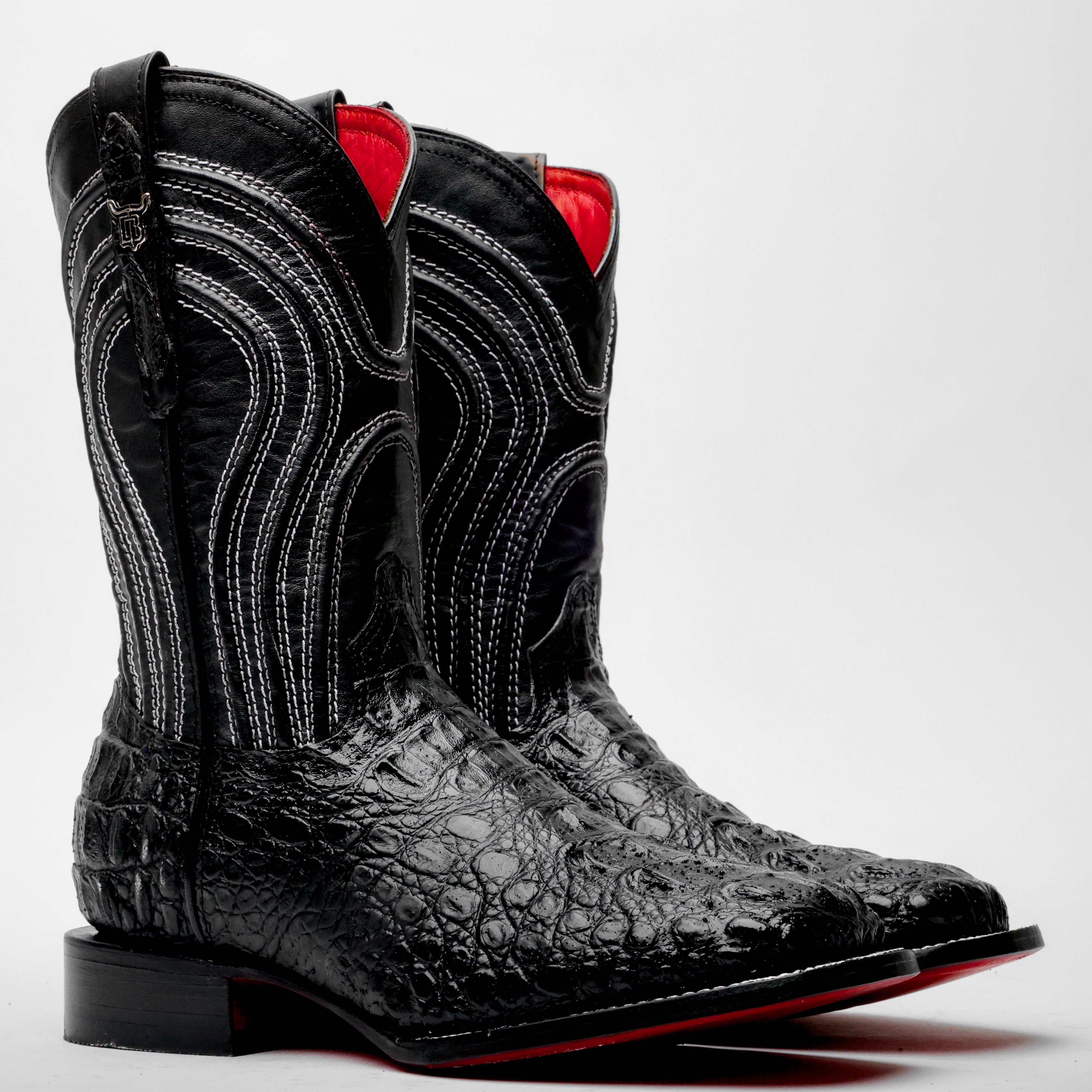 Black Caiman Neck Leather Boots - Square Toe