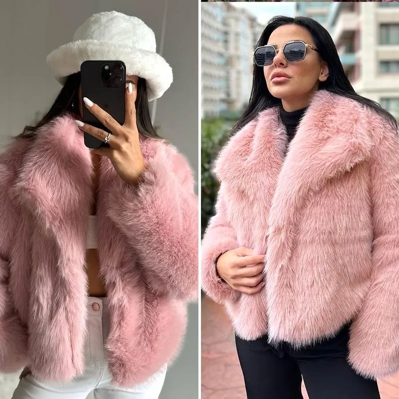Women's Brown Faux Fur Coat Winter Fluffy Short Jacket