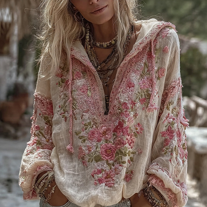 Women's Vintage Floral Embroidery Pattern Warm V-neck Hoodie
