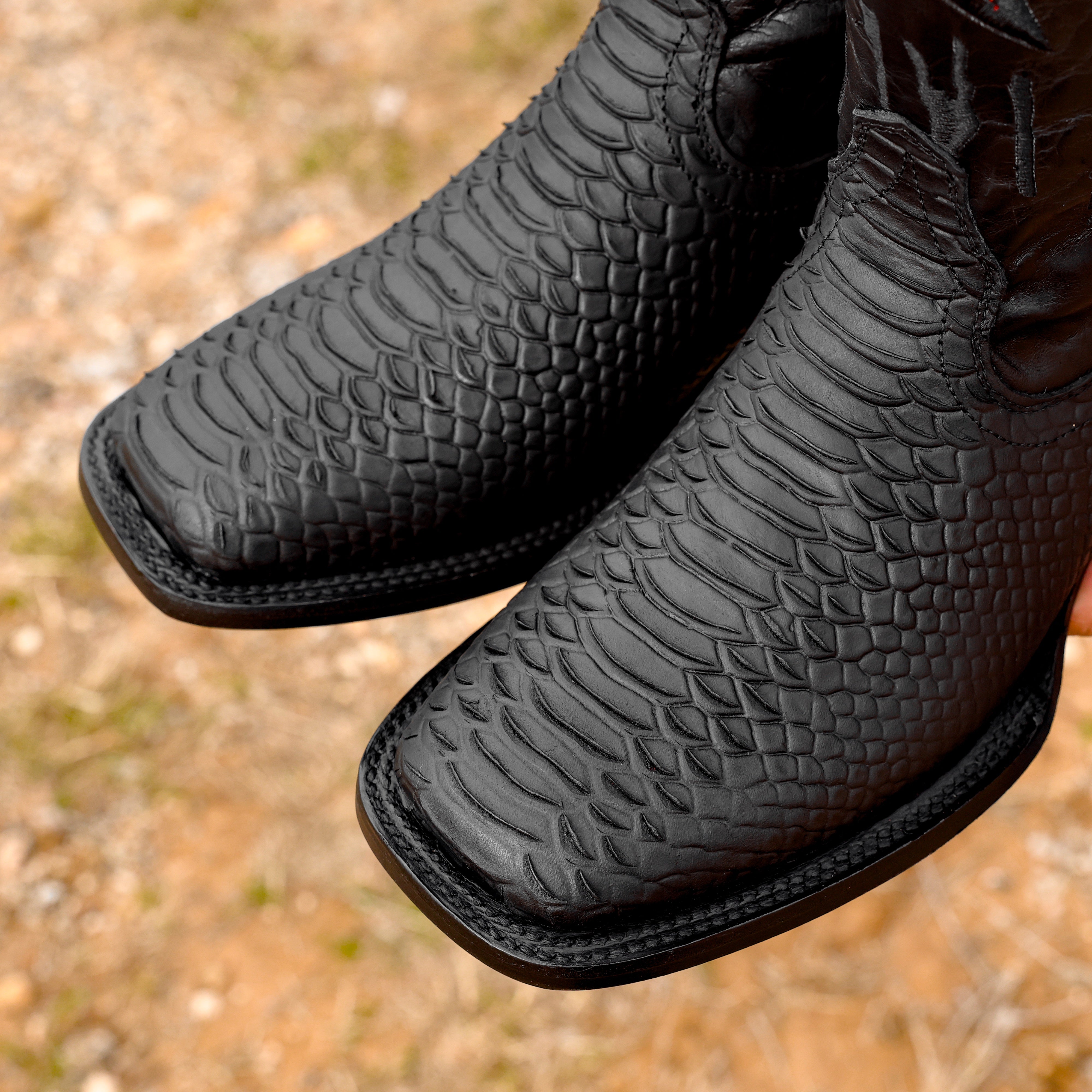 Matte Black Python Leather Boots - Square Toe