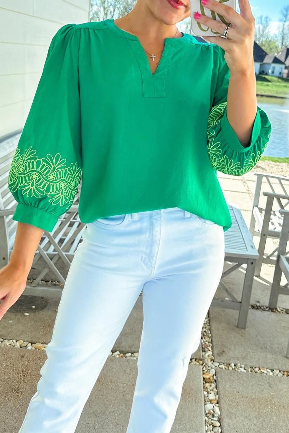 Contrast Floral Embroidered 3/4 Sleeve Notched V Neck Elegant Blouse