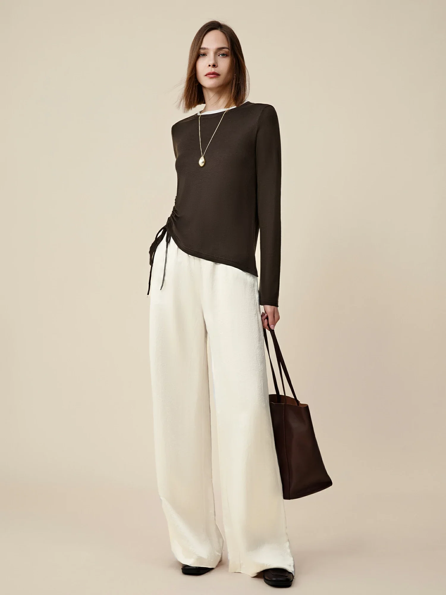 Lyocell & Wool Round Neck Long Sleeve Drawstring T-Shirt