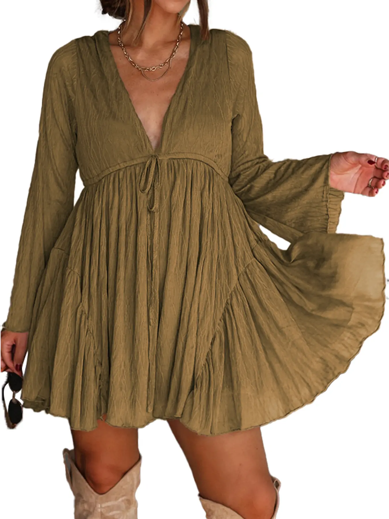Women's V Neck Long Sleeve Dress with Pants Lining
