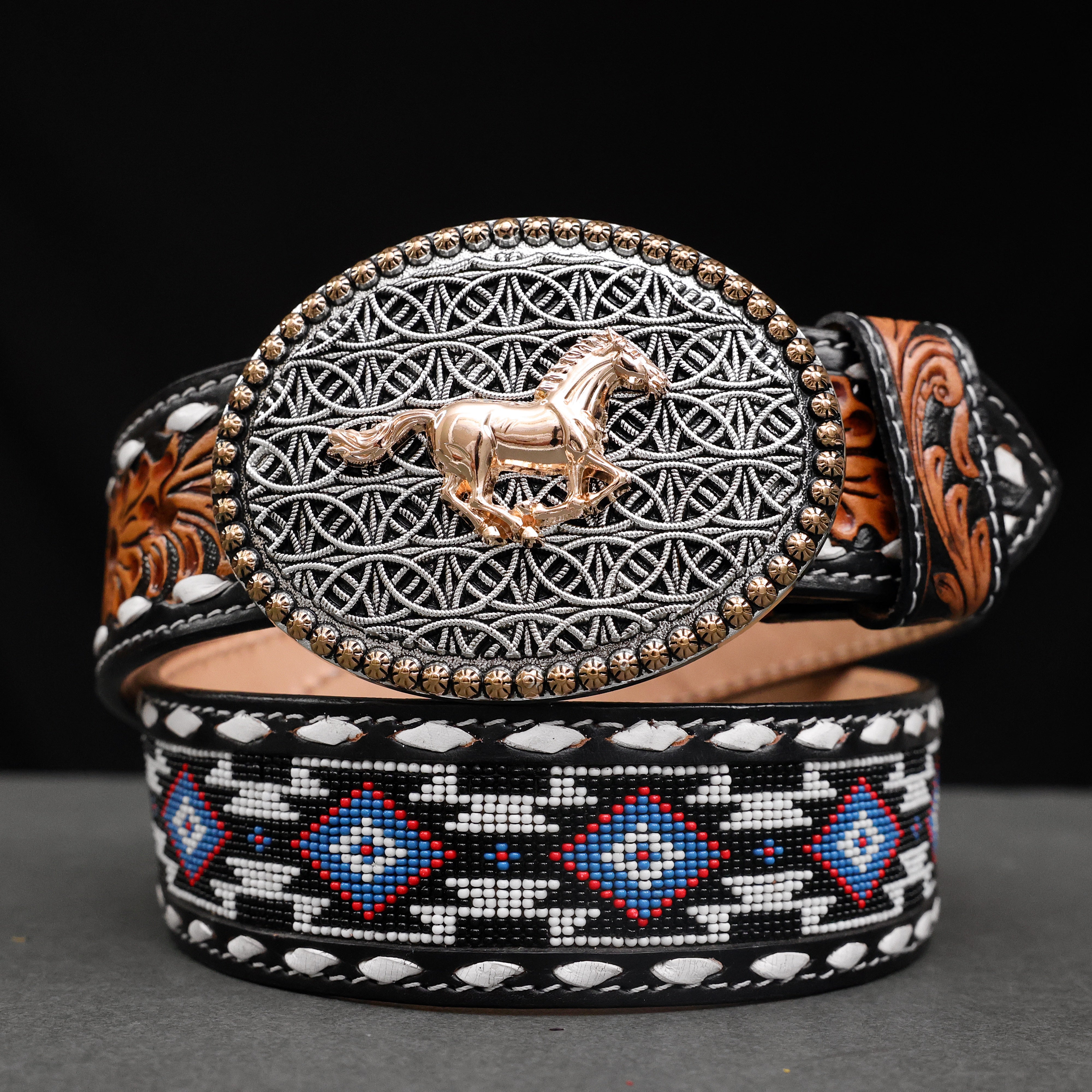 2 Inch Hand-Tooled Artesanal Beaded Leather Belt
