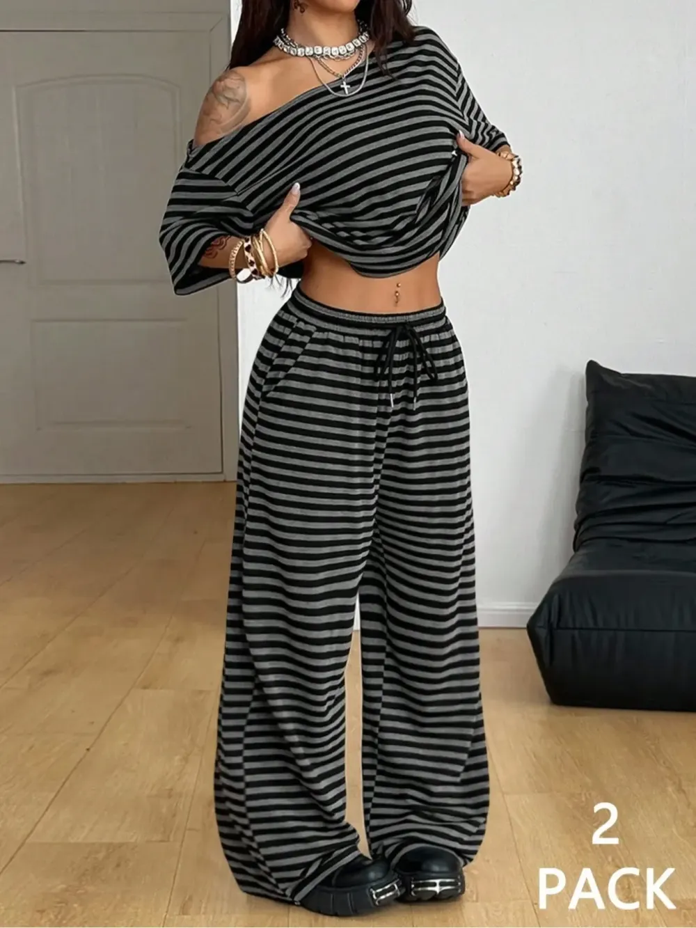 Women's Casual Streetwear Two-Piece Set, Comfortable Shoulder-Exposed Top & Wide-Leg Pants