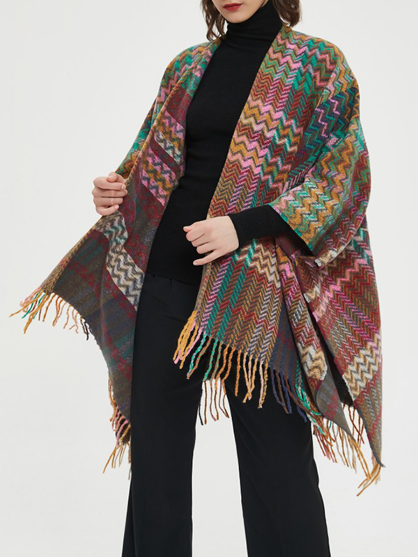 Keep Warm Split-Side Tasseled High-Low Long Sleeves Shawl&Scarf