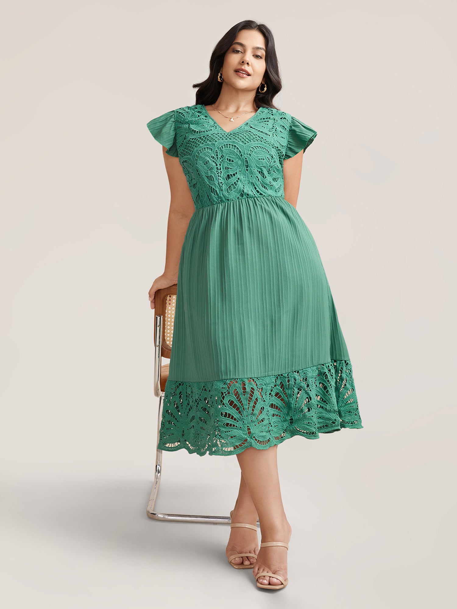 Lace Cut-Out Flutter Sleeve Midi Dress