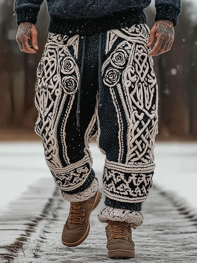 Men's Viking Tribal Jacquard Celtic With Rose Inspired Chunky Knit Warm Knit Pants