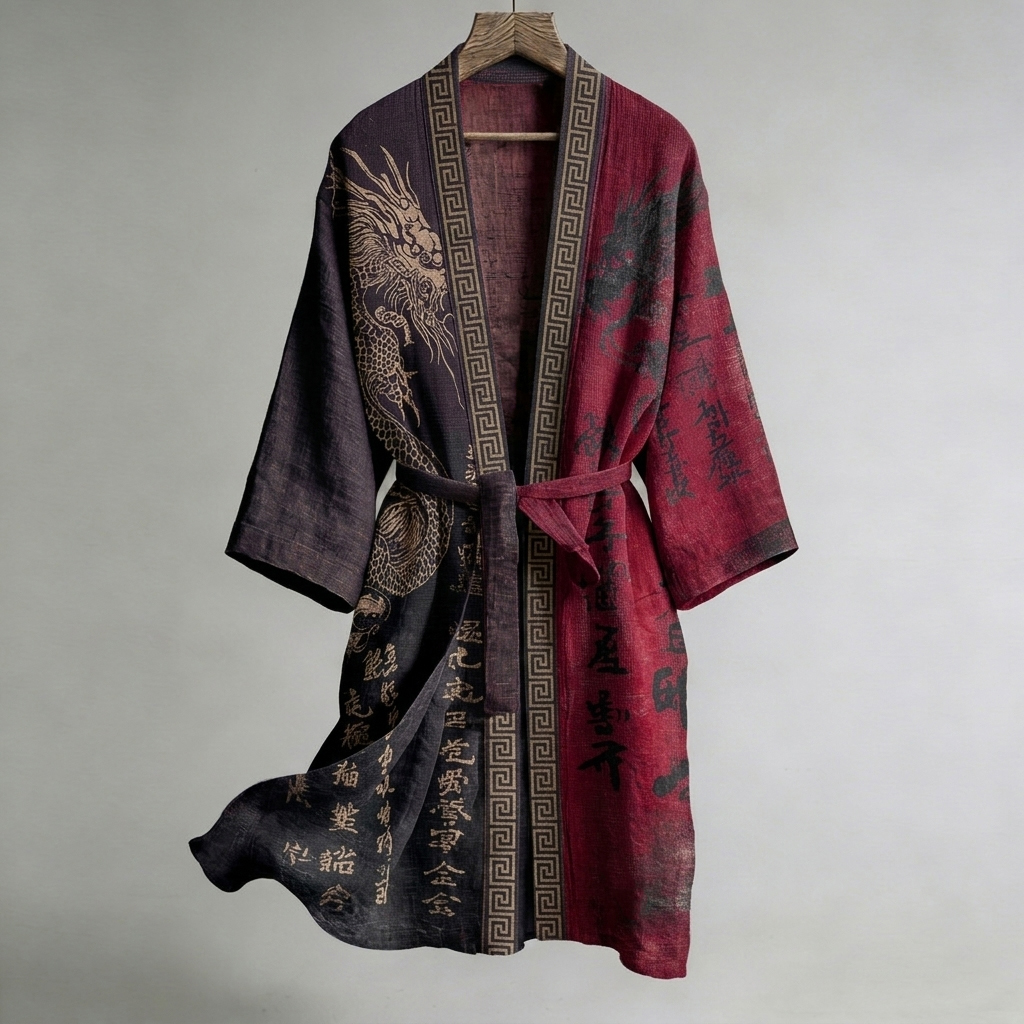 Japanese Calligraphy And Dragon Art Combined In A Linen Blend Kimono
