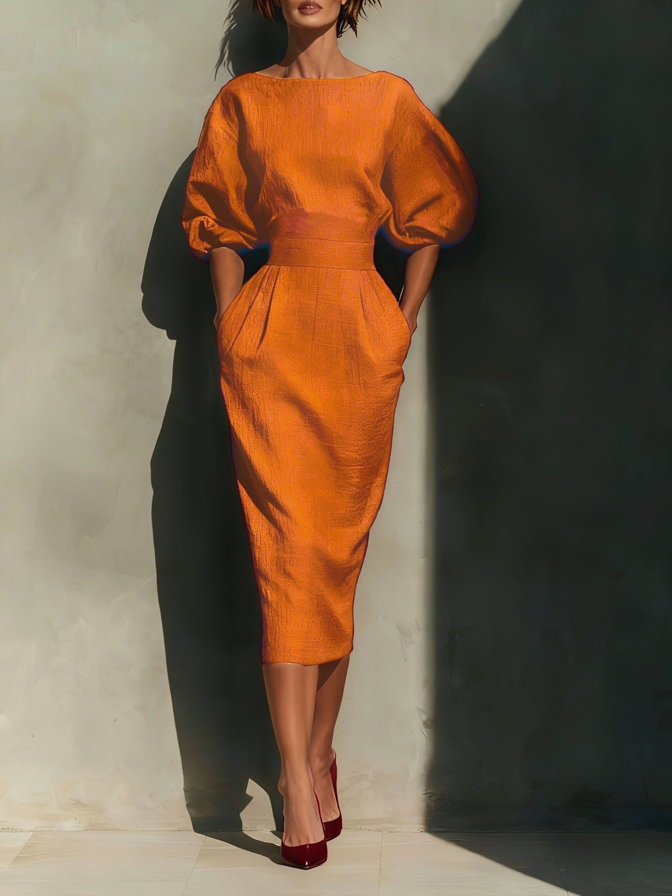 Round Neck Puff Sleeves Midi Dress