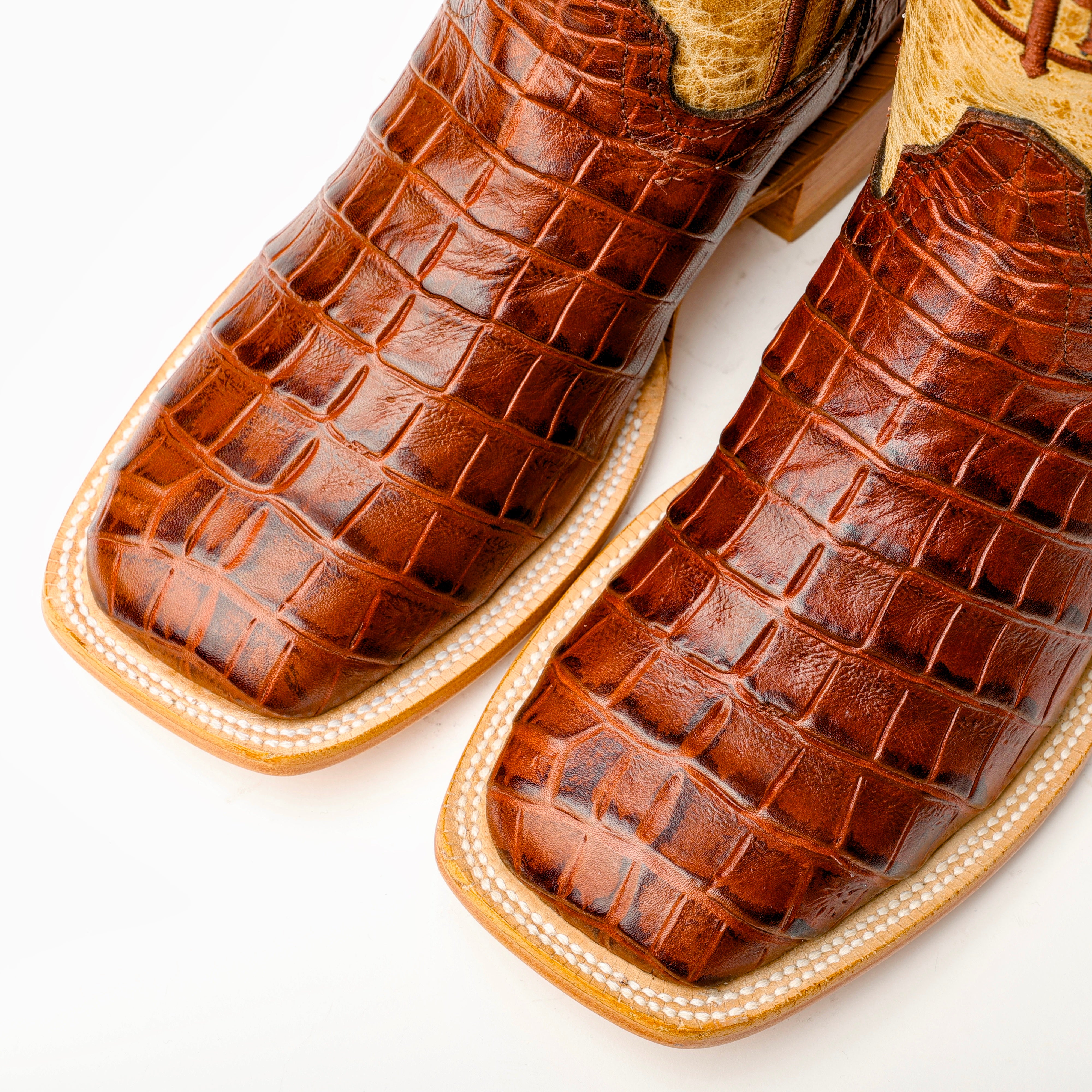 Cognac American Gator Belly Leather Boots - Square Toe