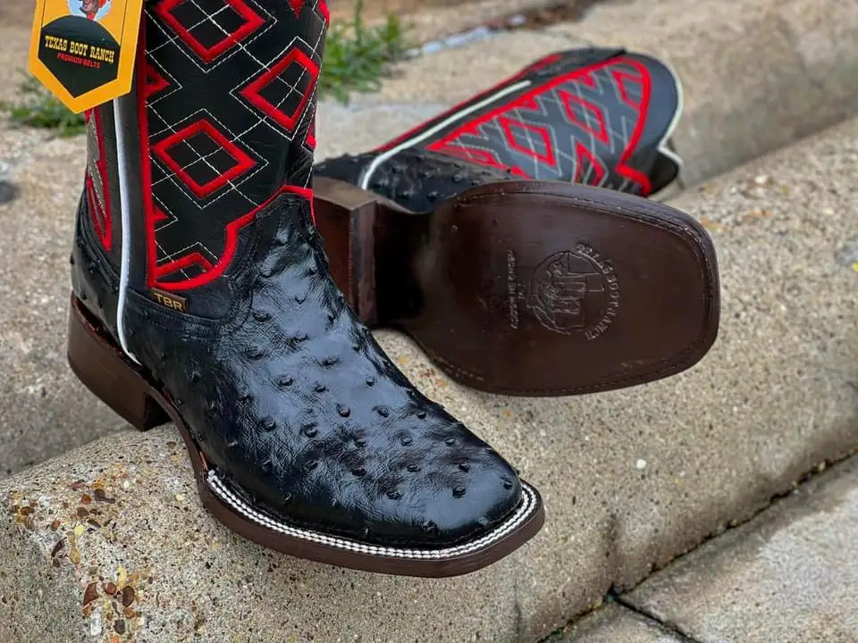 Men’s Black Ostrich Leather Boots With Black / Red Embroidery Shaft