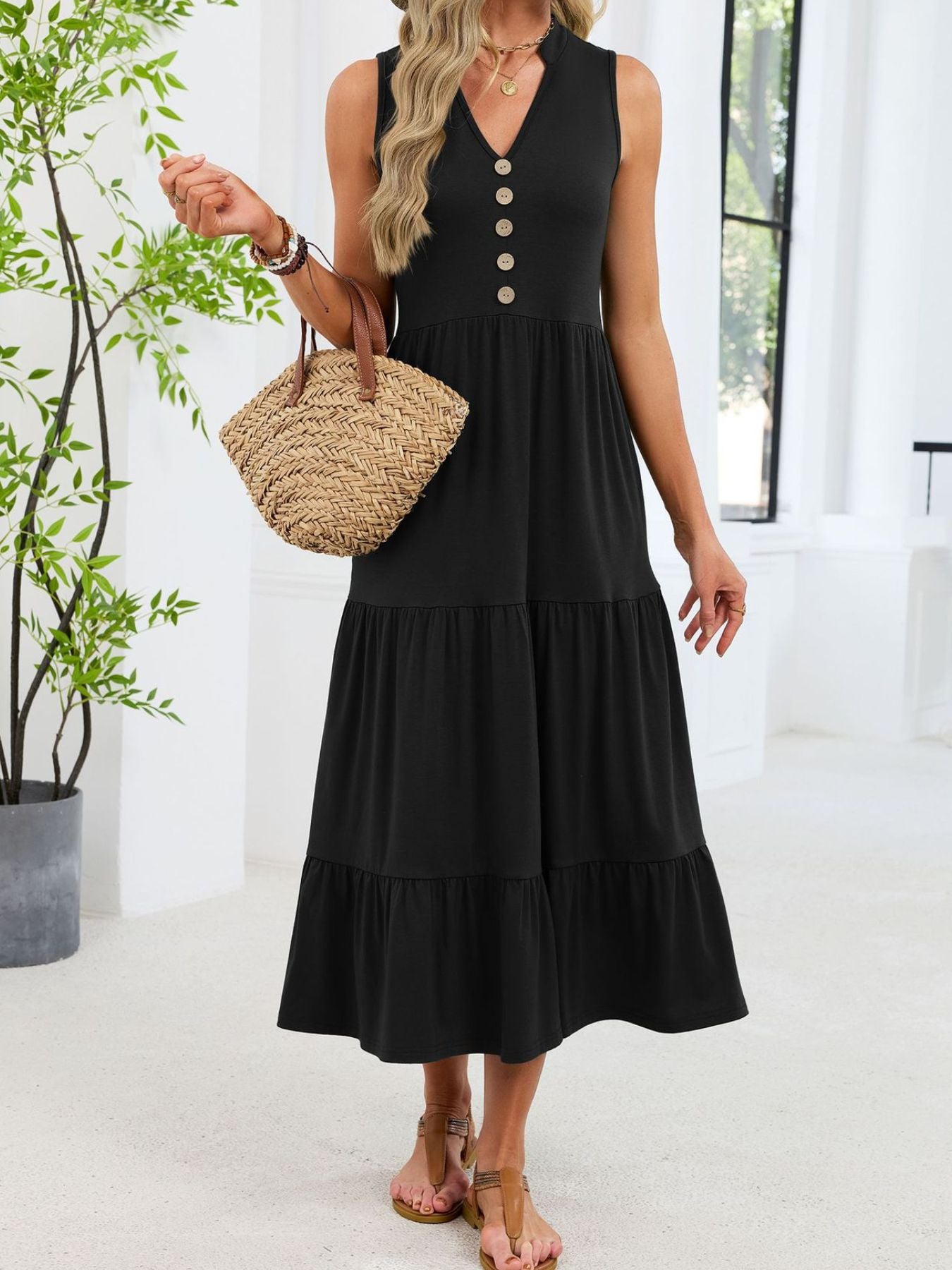 Ruffled Notched Tiered Midi Dress