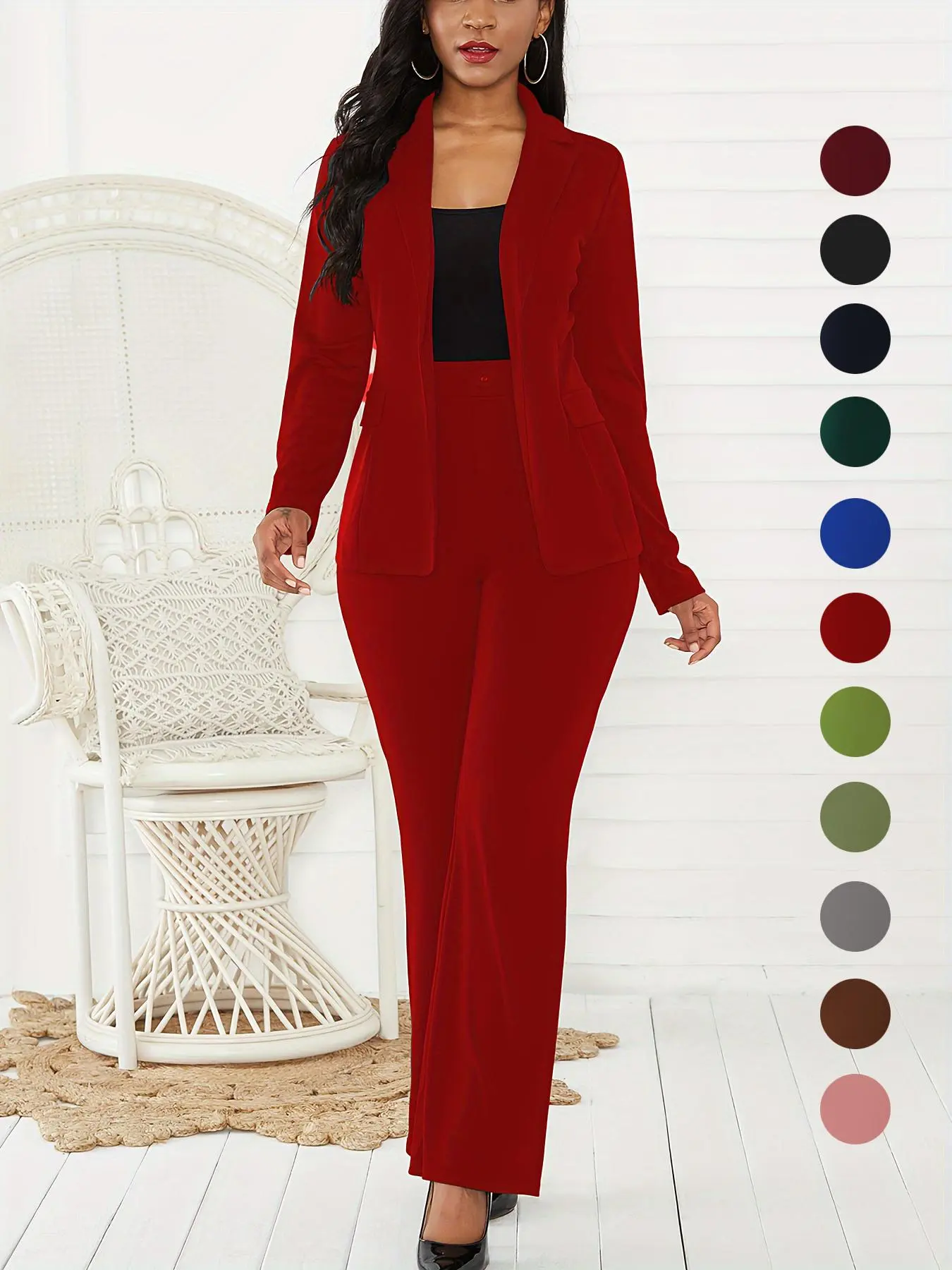 Women's Two-Piece Set Plain Button Lapel Blazer & Suit Pants
