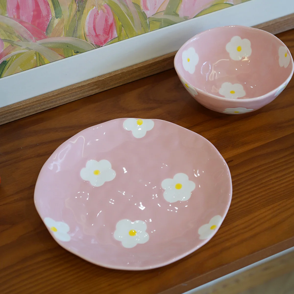 3PC Ceramic Painted Flower Plate, Bowl & Mug