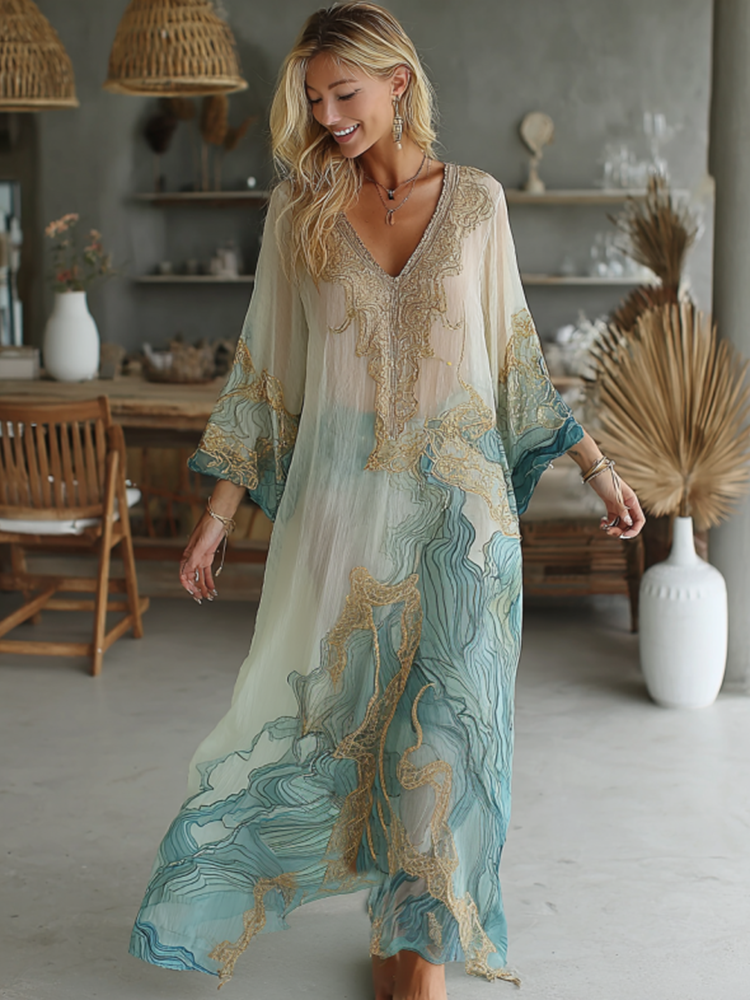 Vintage Marble Texture Collection Retro Bohemia Women Style Gradient Gilded Pattern Linen Maxi Dress