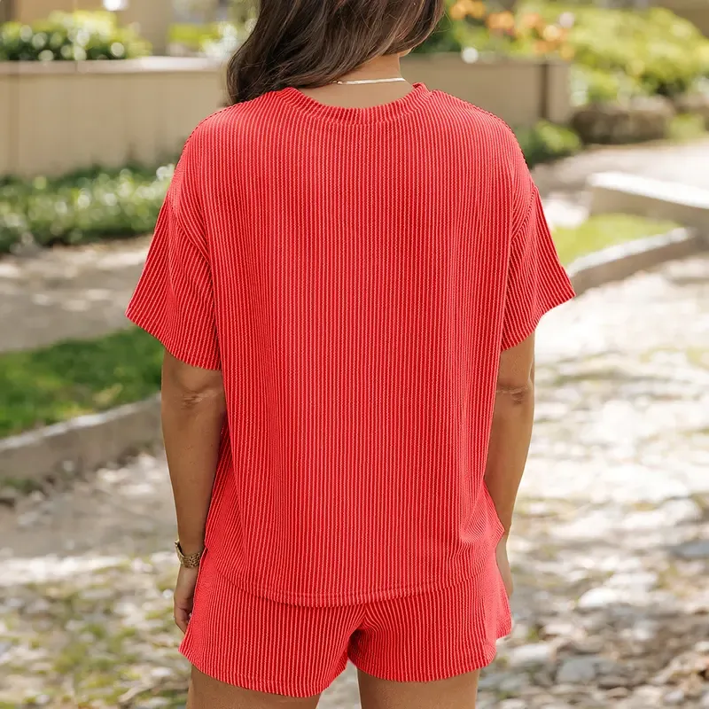 Women's Summer Short Sleeve Twisted Thread Shirt & Shorts with Pockets Casual Pajamas Ribbed Textured Outfit Matching Lounge Set