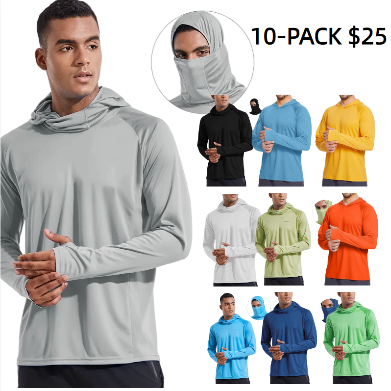 Men Sun Protection Hoodie Face Mask UPF50+ Long Sleeve Thumbholes UV SPF Shirt