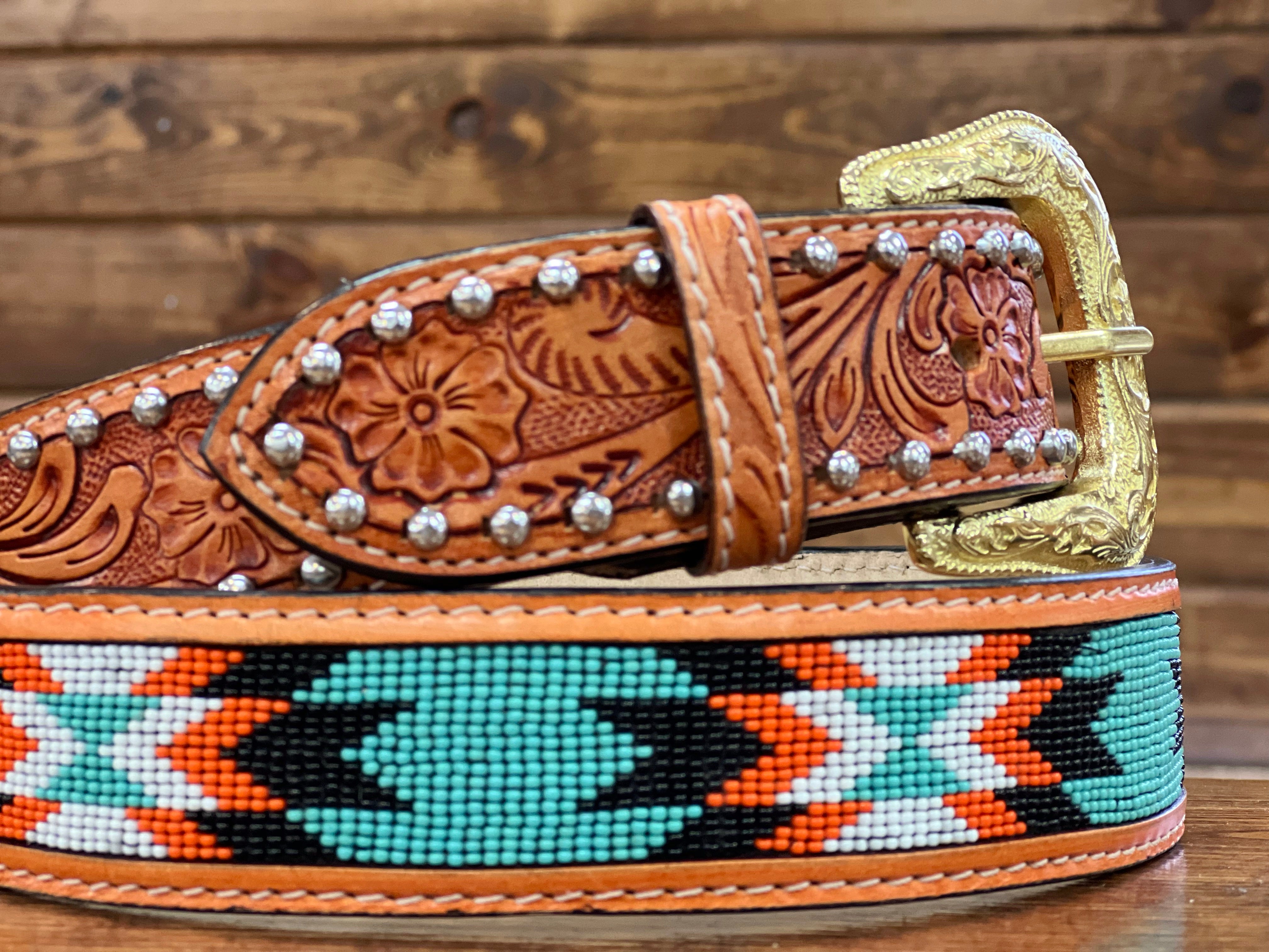 Cognac Artesanal Tabs With Turquoise & Orange Beaded Belt