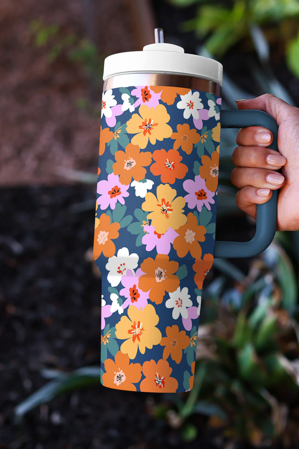 Ashleigh Blue Flower Print Handle Large Thermal Tumbler 40oz