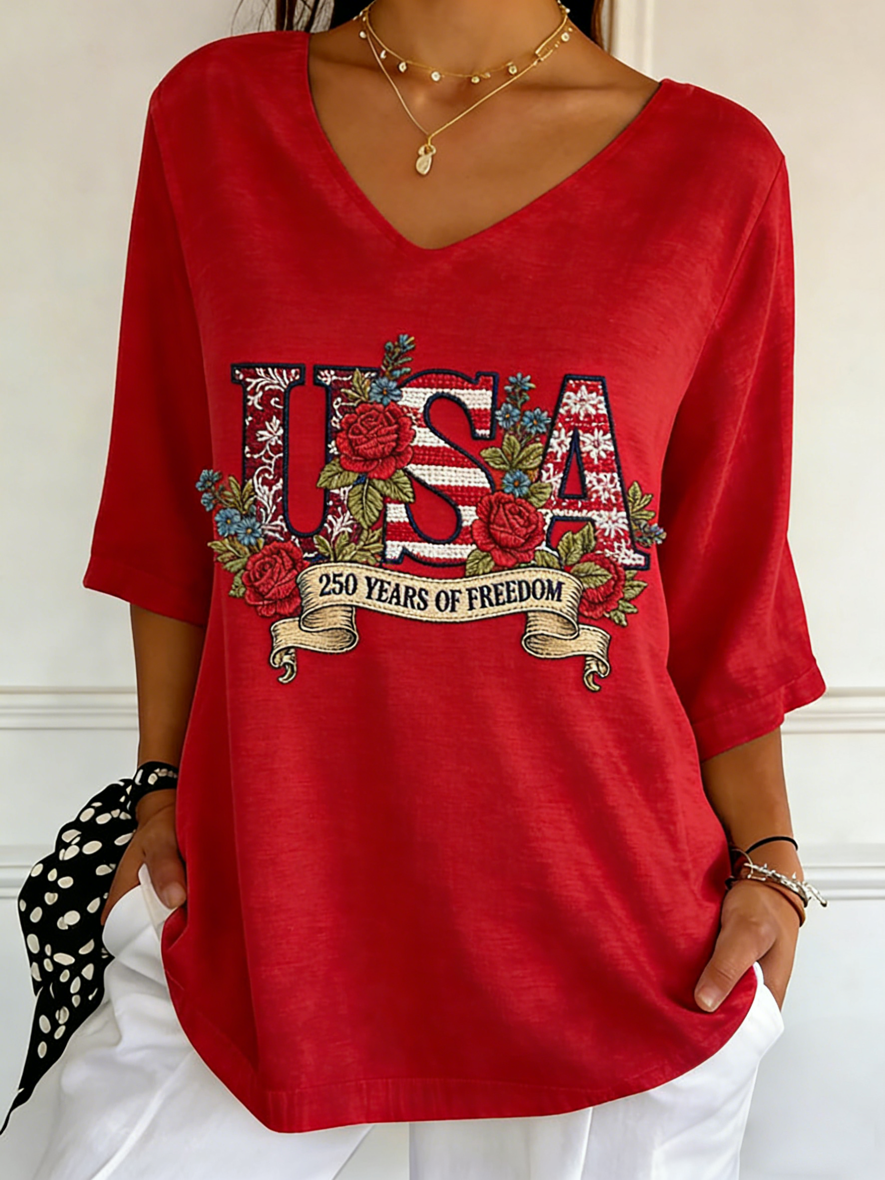 USA 250 Years Of Freedom Floral Embroidered V-Neck Top