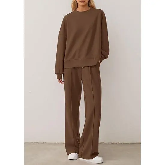 Women Fall Trendy Long Sleeve Sweatshirt Wide Leg Pants