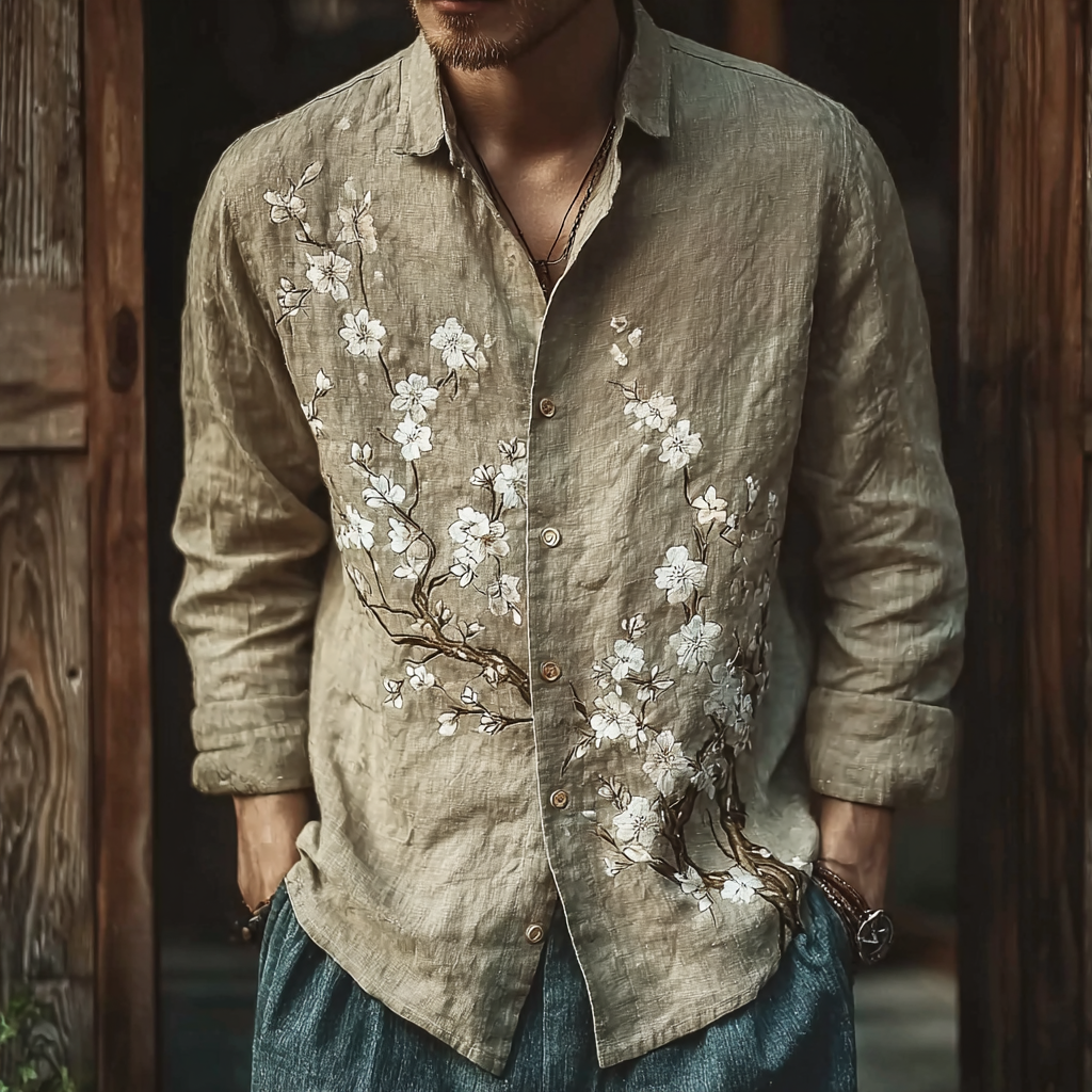 Bohemian Retro Style Floral Print Men's Long-sleeve Shirt