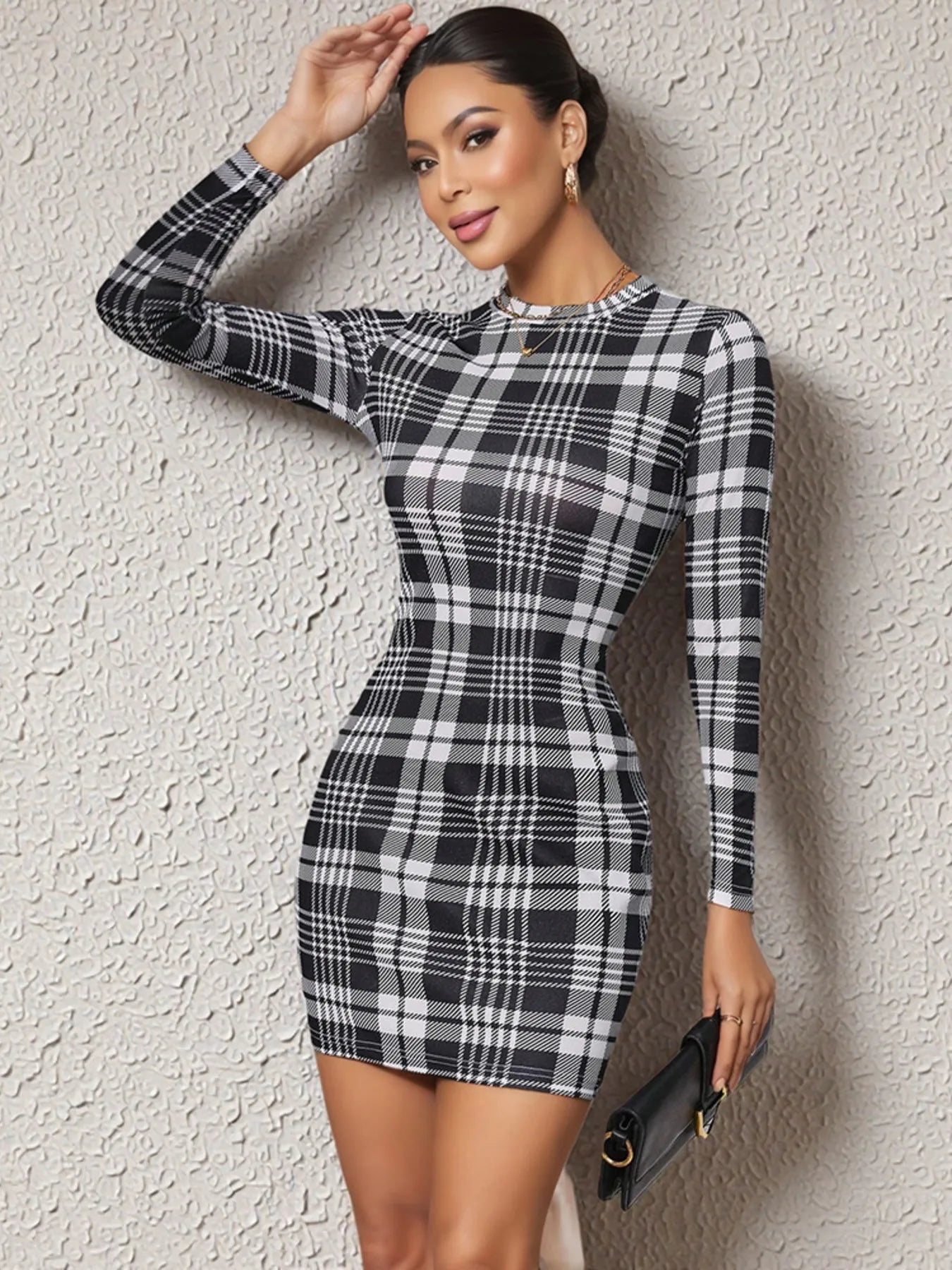 Long Sleeve Plaid Bodycon Mini Dress