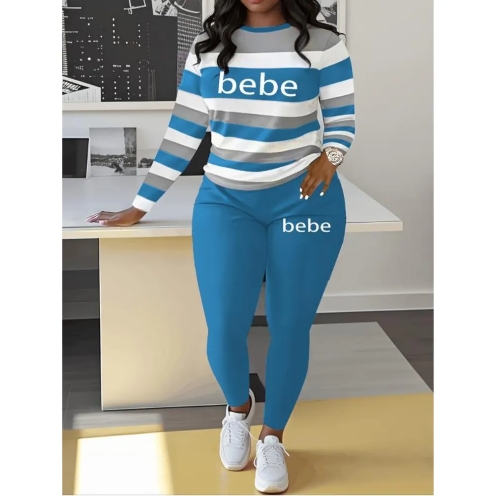 Women's Striped Bebe Letter Print Sets