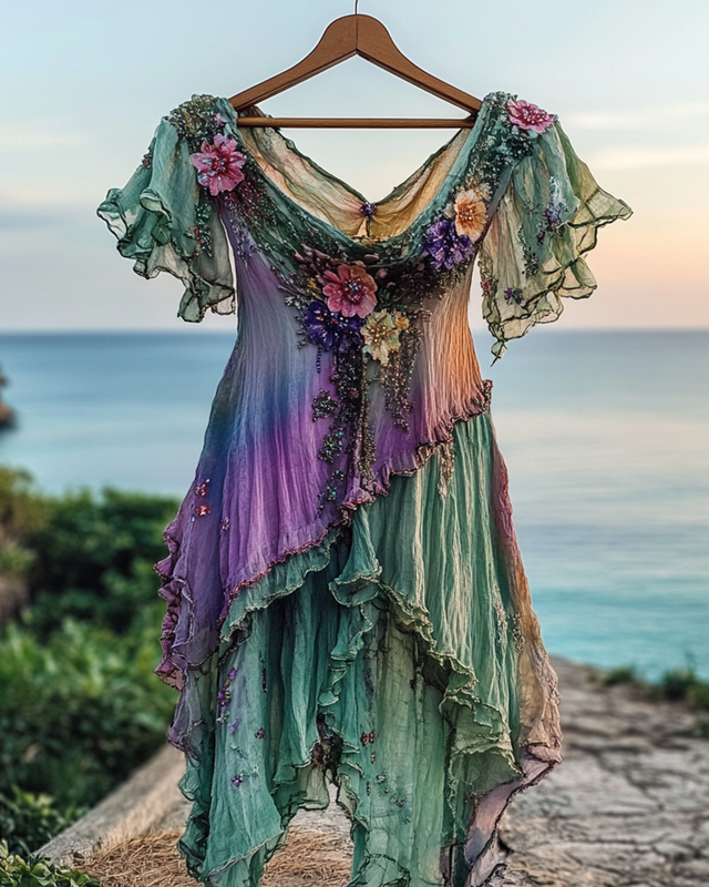 Summer Vacation Floral Embroidery Sequins Beaded Ruffle Top 3e92