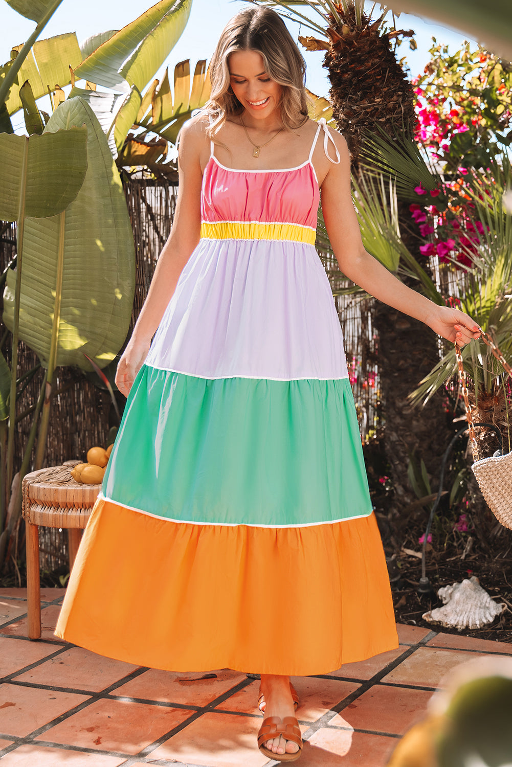 Multicolour Colorblock Self-Tie Straps High Waist Flowy Maxi Dress With Pockets