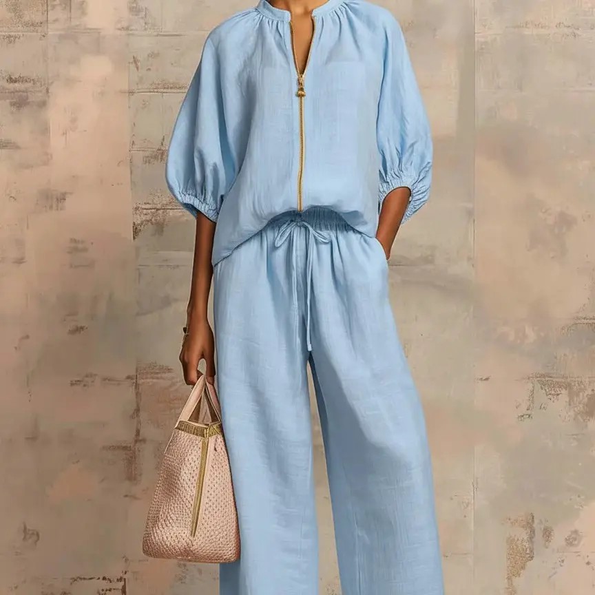 Chic Linen-Blend Quarter-Zip Lounge Set - Effortless Two-Piece Summer Outfit