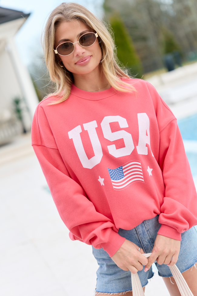 USA Flag Light Red Oversized Graphic Sweatshirt