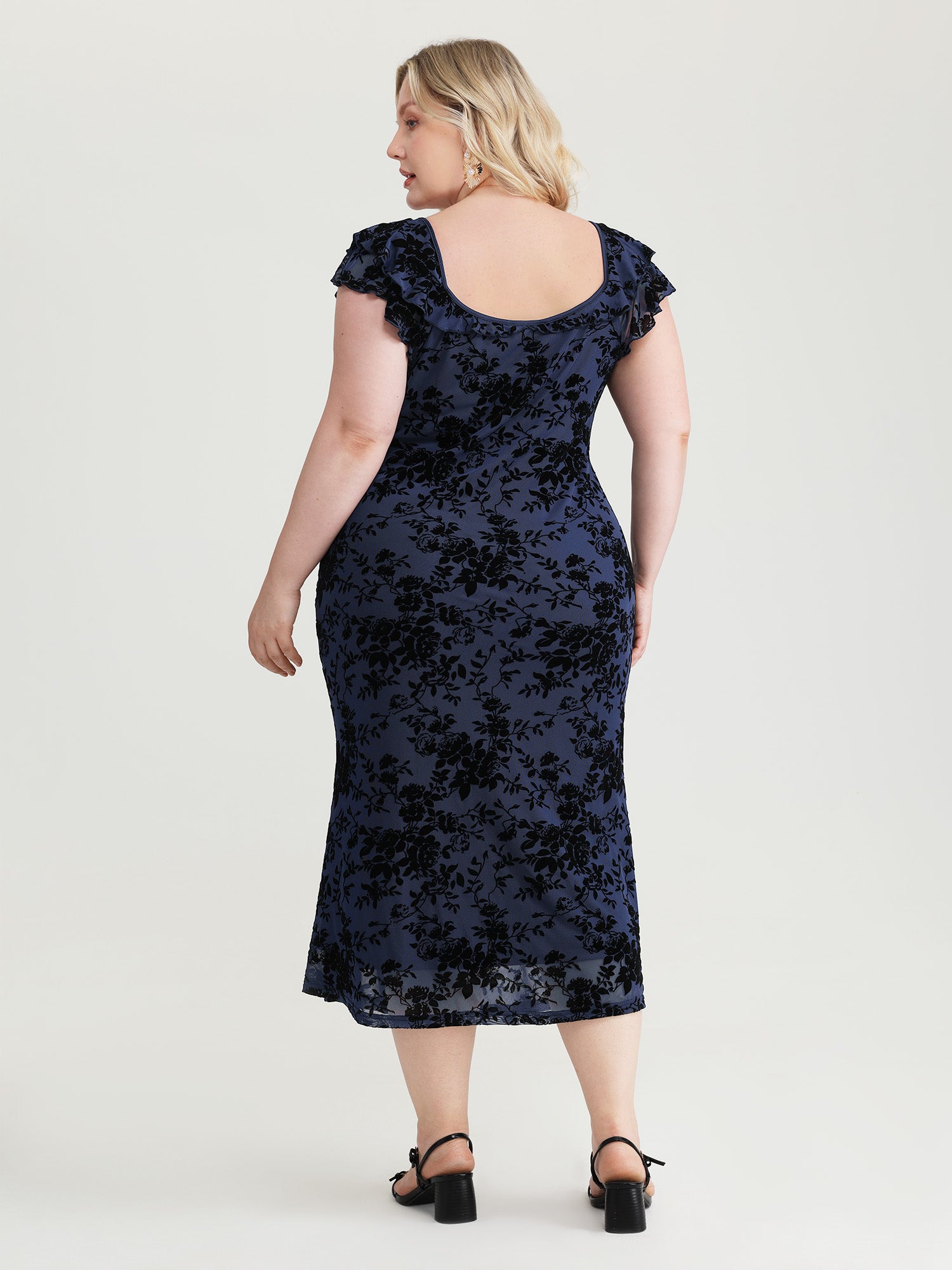 Floral Flocked Mesh Ruched Drawstring Midi Dress