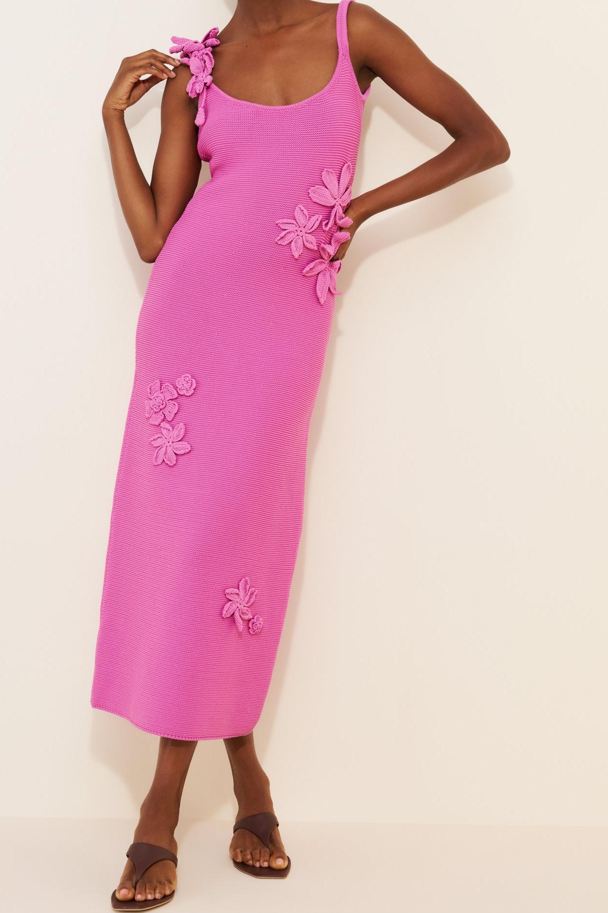 Pink Floral Knit Midi Dress