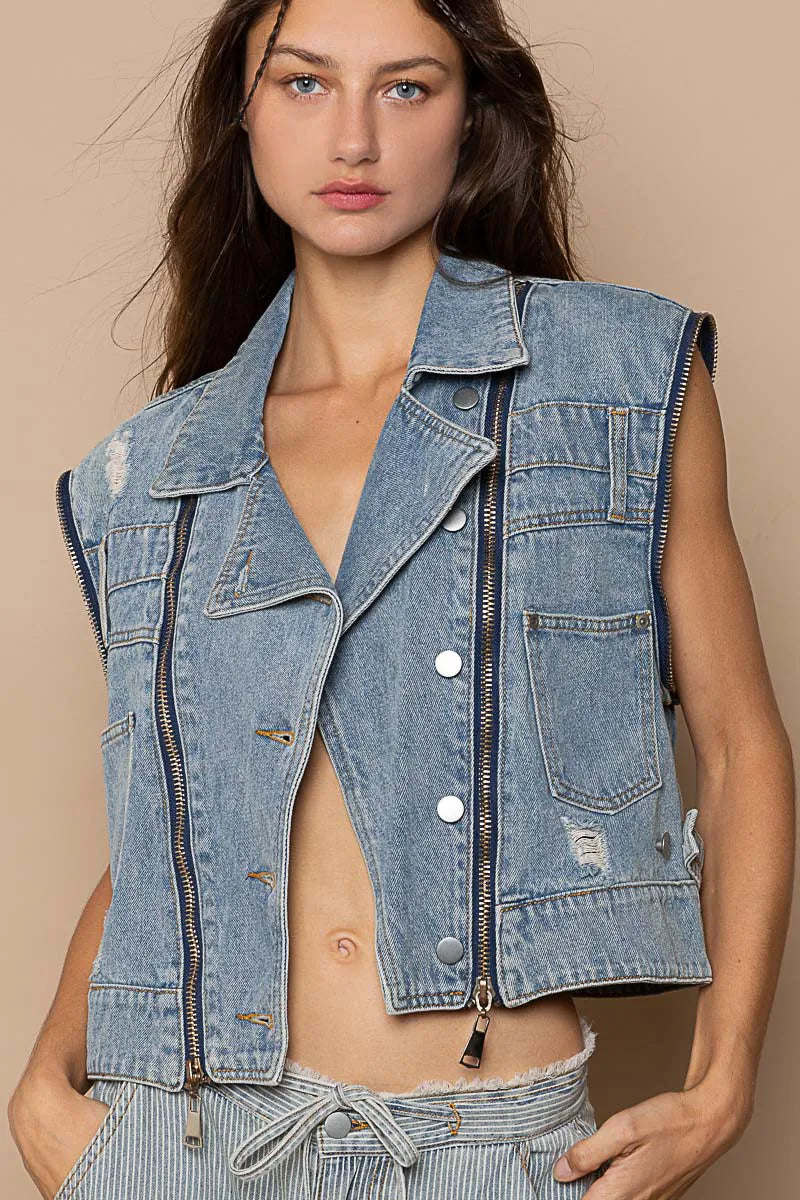 Cropped Denim Jacket with Functional Zipper Detail