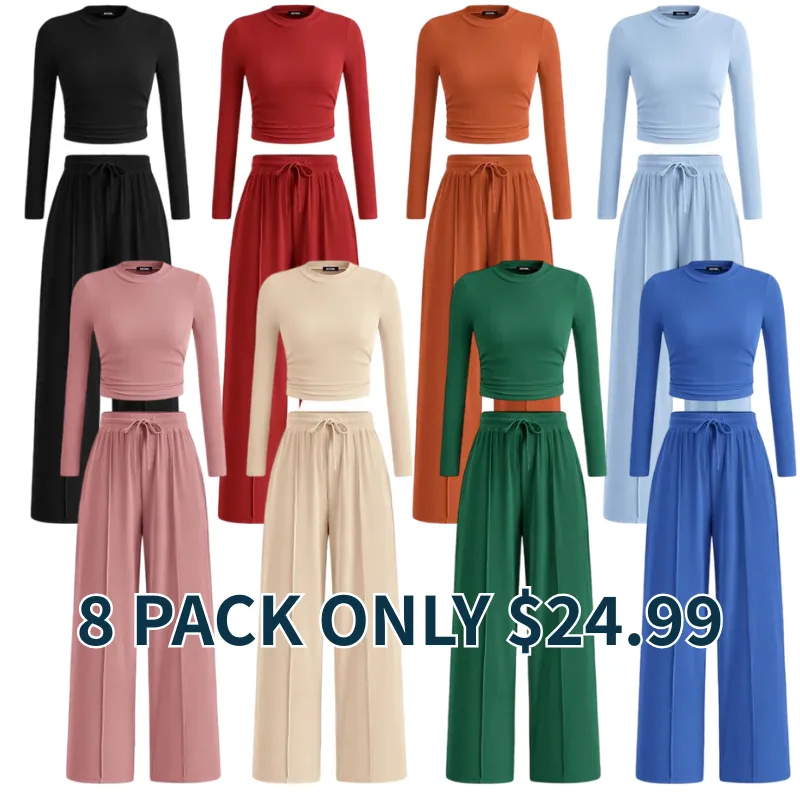 Two-piece ribbed knit long-sleeved cropped top and wide-leg pants