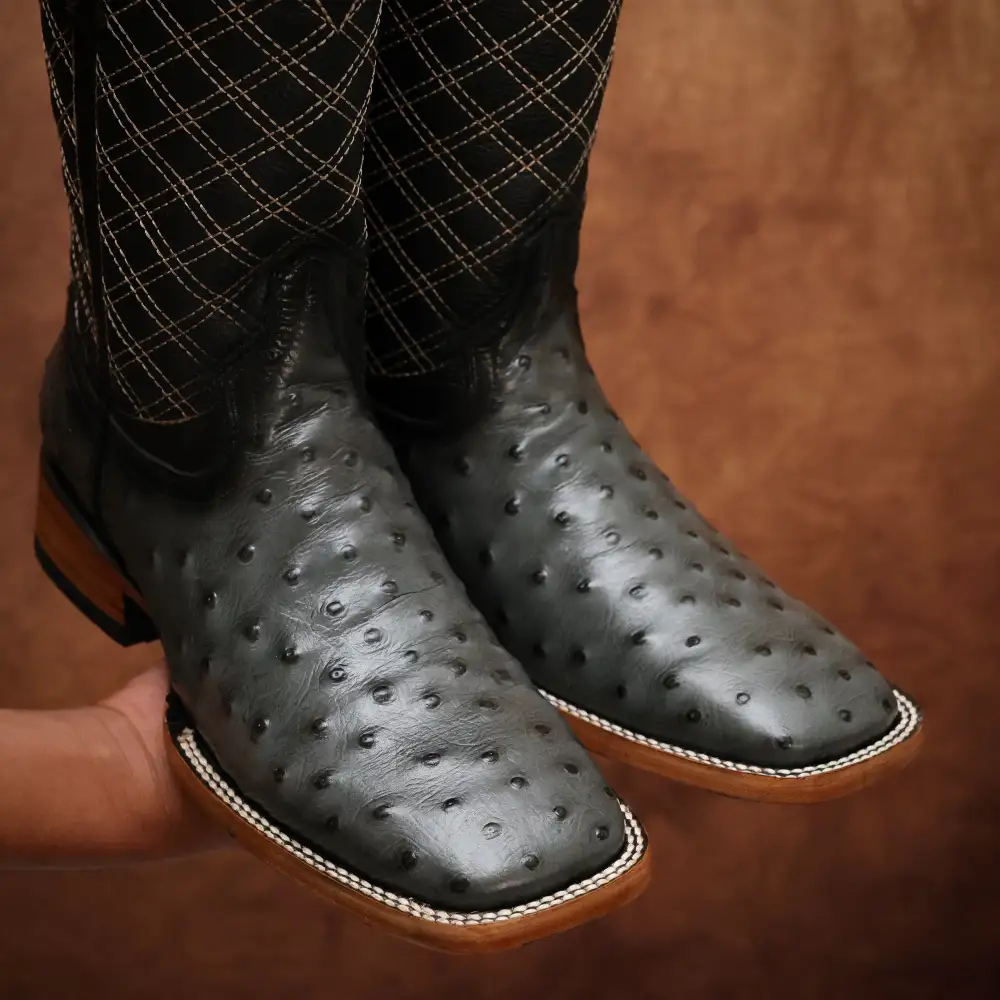 Grey Ostrich Leather Boots - Square Toe