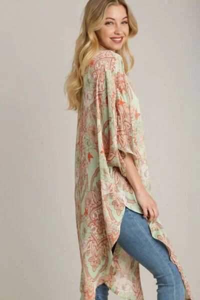 Elegant Mixed Print Open Front Kimono with Ruffle Sleeves