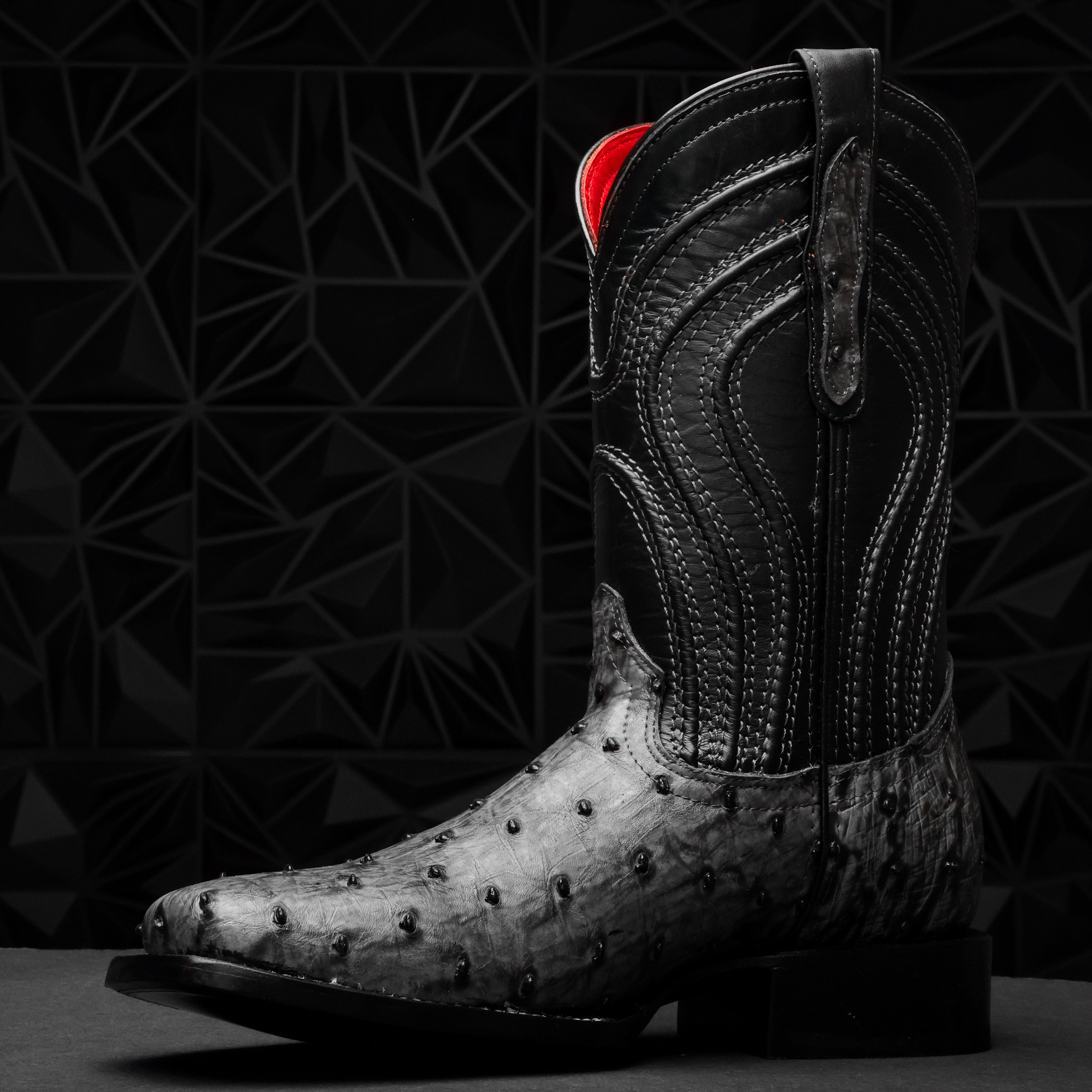 Grey Ostrich Leather Boots - Square Toe