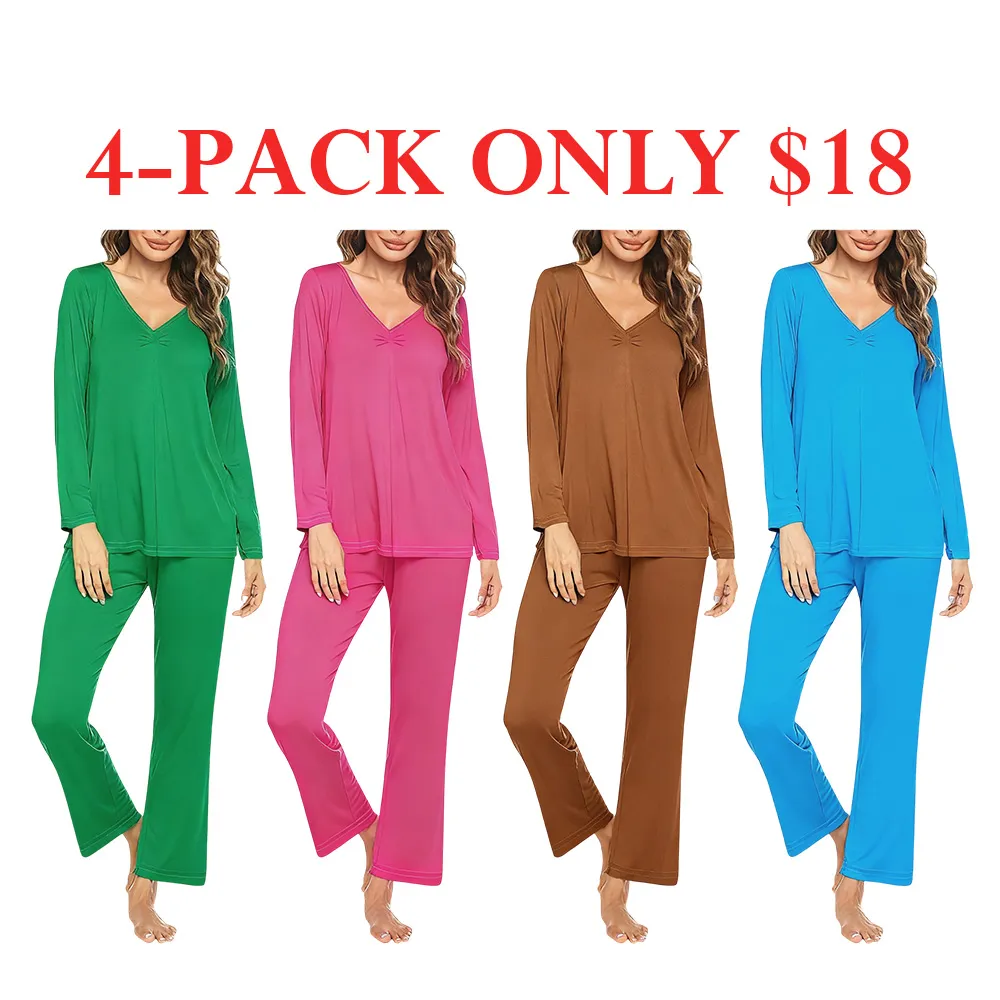 Women's V-neck long-sleeved top + trousers casual two-piece set