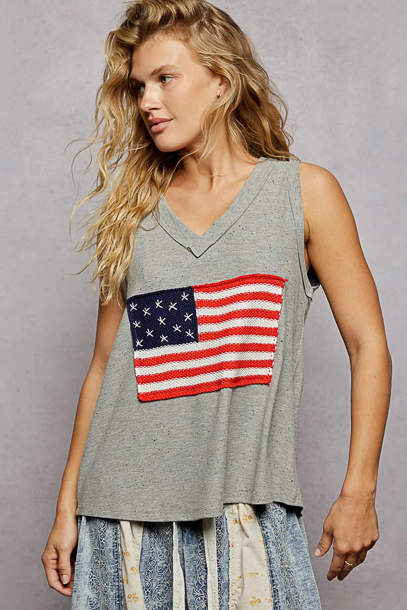 POL V-Neck Ribbed Tank with American Flag Patch and Star Back Patch