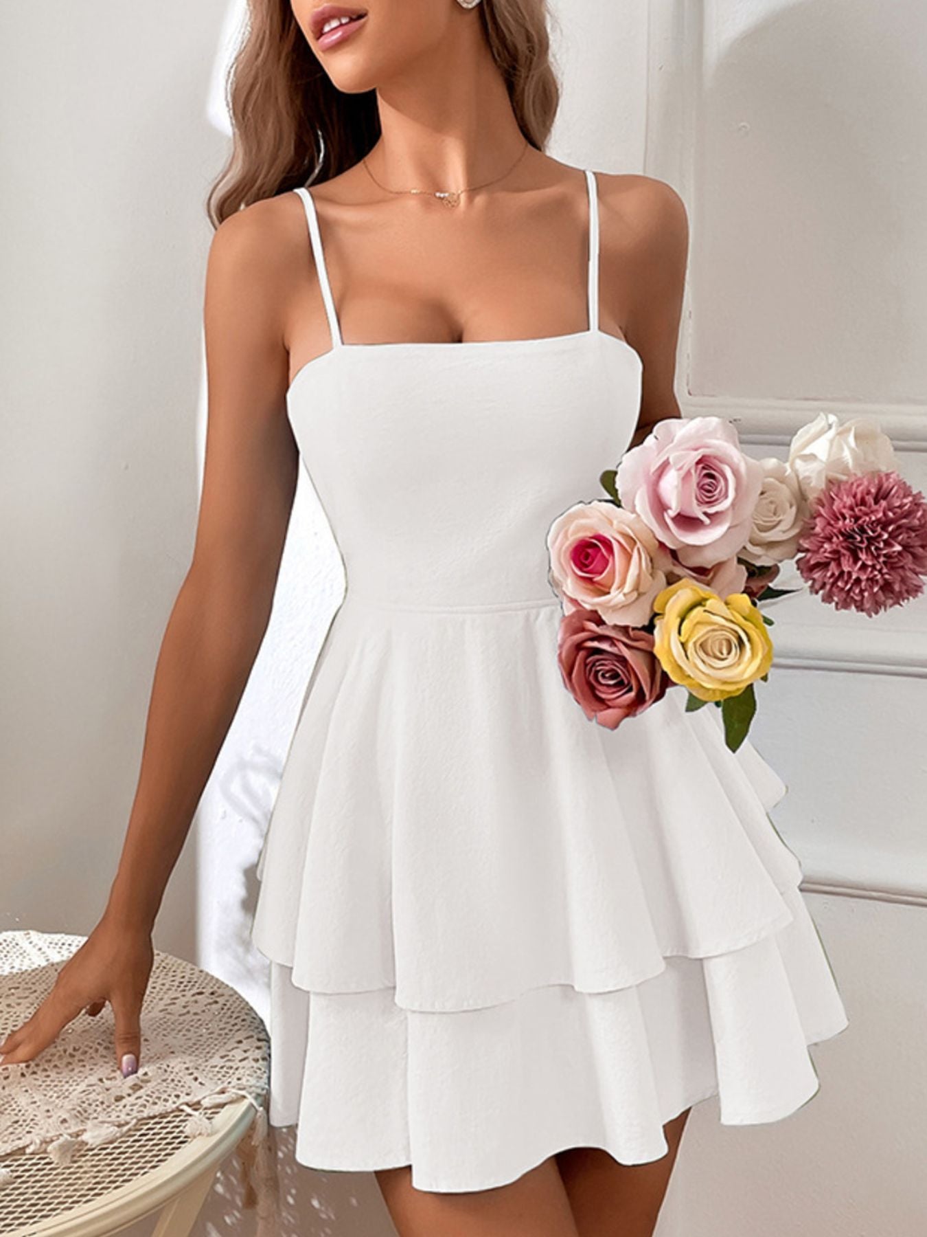 Tie Back Layered Ruffle Hem Mini Dress