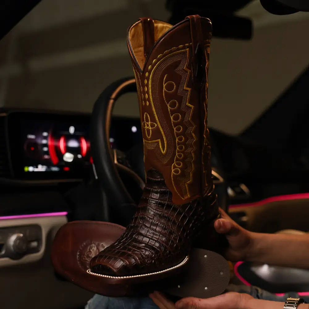 Chocolate Brown American Gator Belly Leather Boots - Square Toe