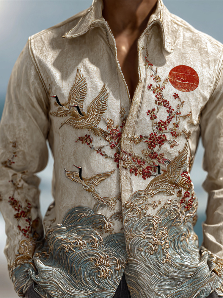 Vintage Japanese Crane & Flower Embroidery Men's Long Sleeve Shirt